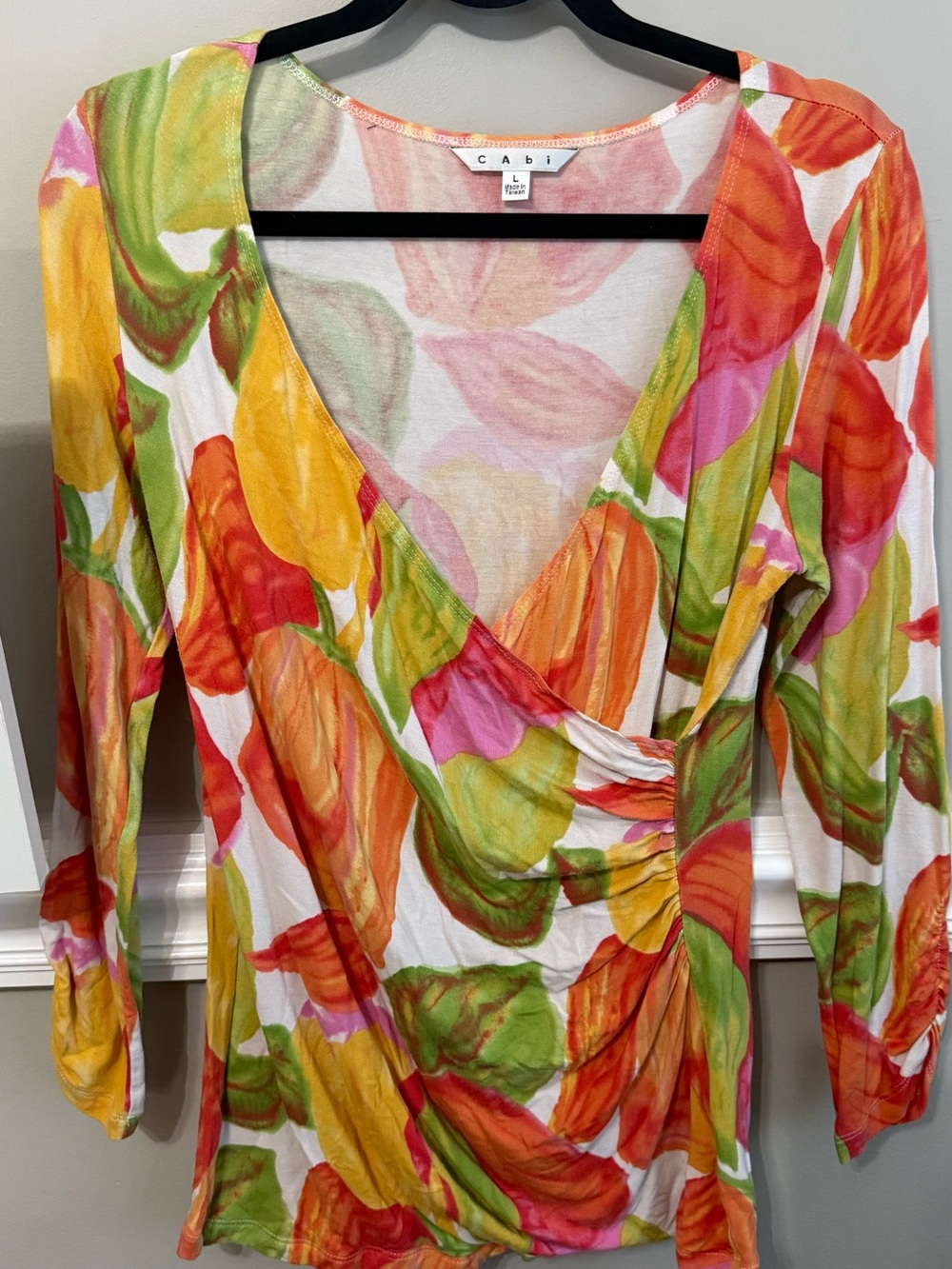 CAbi Floral Wrap Blouse in Yellow, Orange, Green, Pink